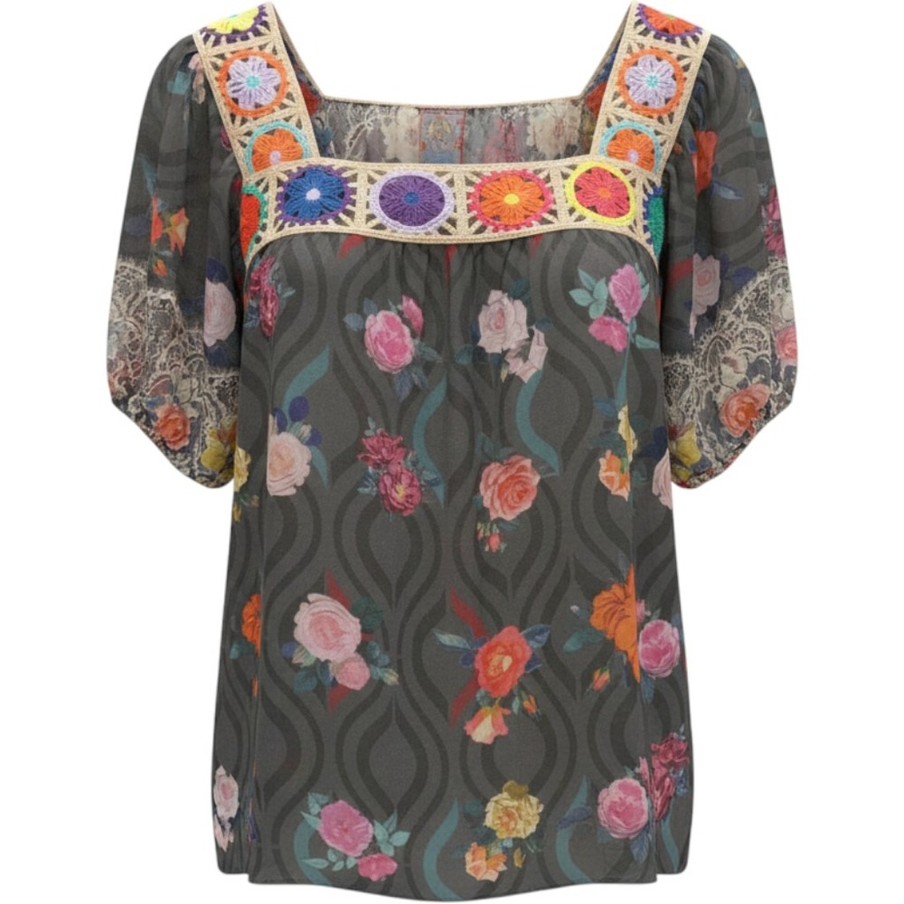 Johnny Was Floral Crochet Lace Trim Cupra Rayon Blouse Grey XL C14723B-6